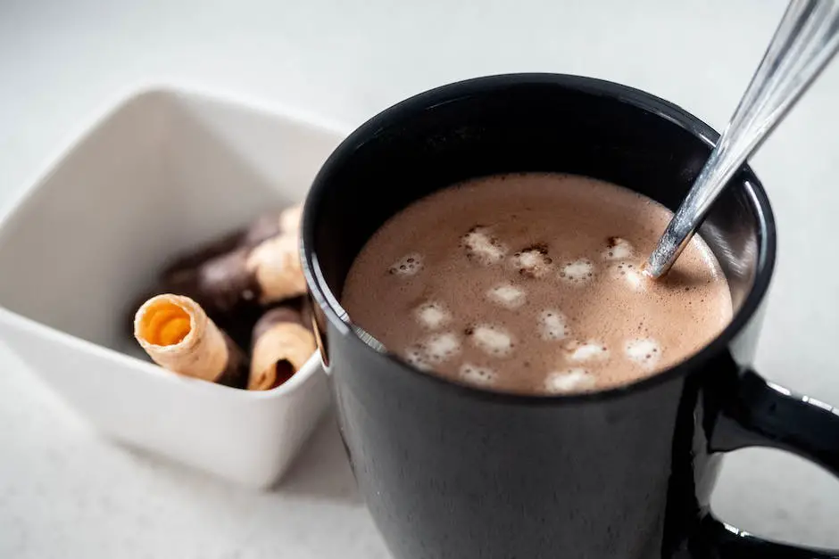 Image of a mug with steaming hot chocolate, marshmallows, and a Hot Chocolate Bomb placed beside it
