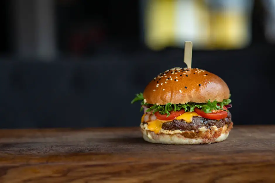 An image of a delicious Impossible Burger topped with lettuce, tomatoes, and cheese, served on a bun.