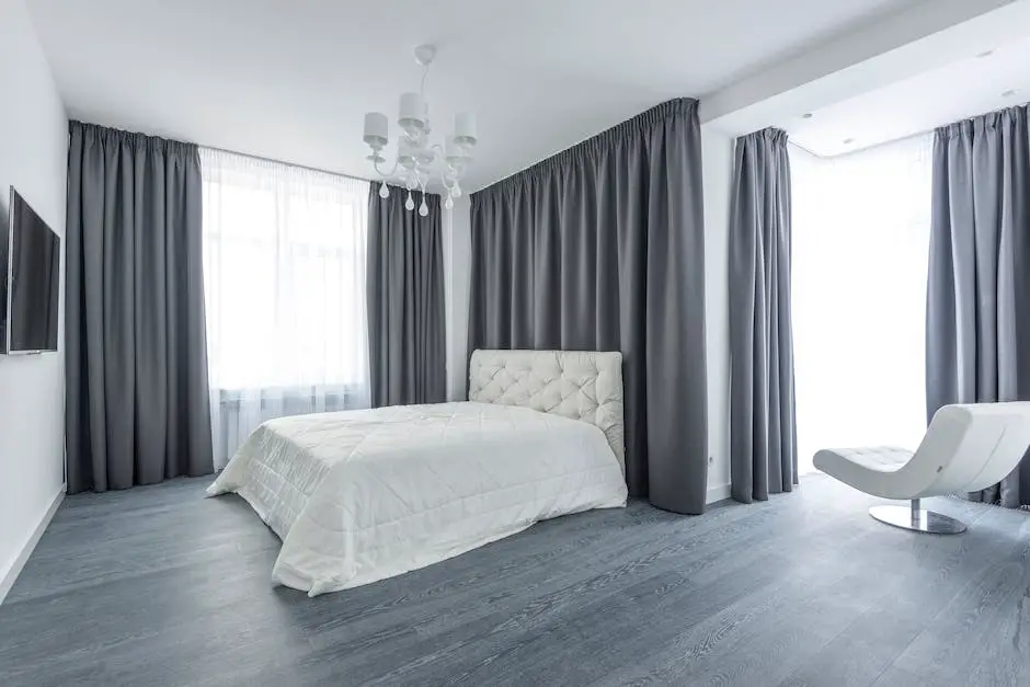 A contemporary bedroom with dark grey and beige MARIAM curtains creating a cozy, peaceful ambiance.