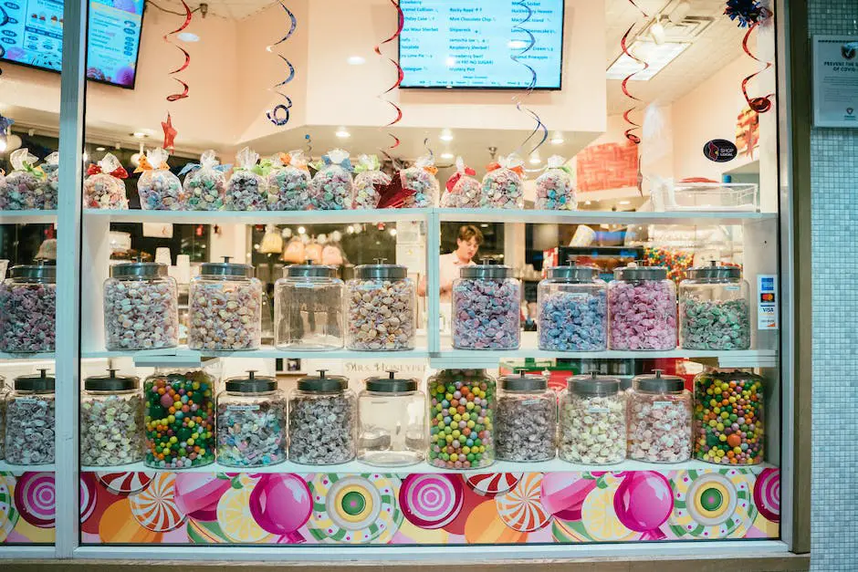 A variety of Christmas candies neatly arranged in a display, including chocolates, gummies, and lollipops.