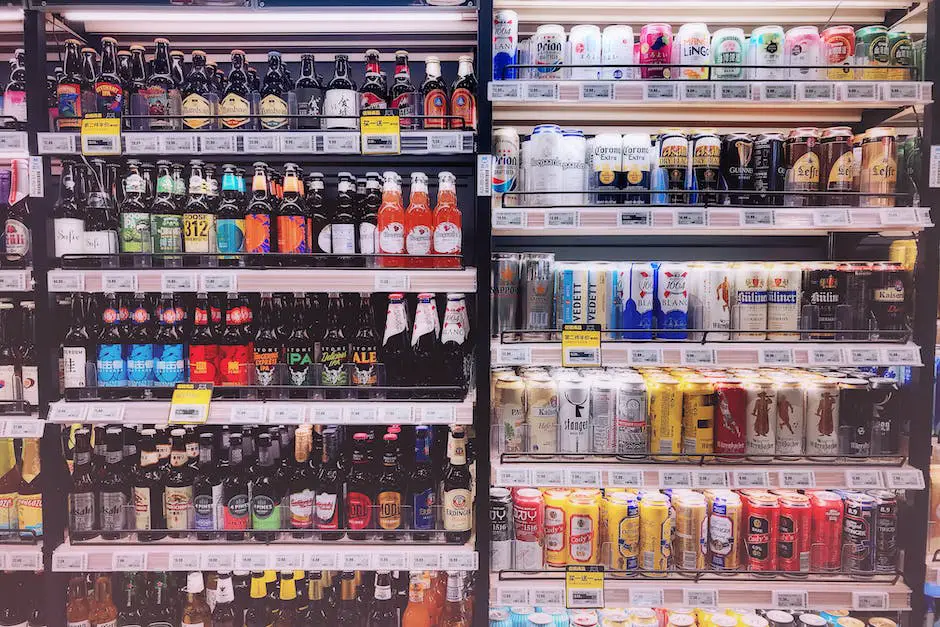 The image shows a diverse selection of beverages on display at Costco.