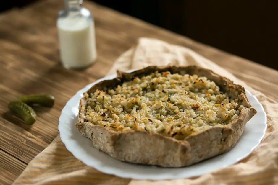A delicious and mouth-watering image of a Costco quiche with a rich and creamy filling, topped with cheese and surrounded by fresh vegetables.