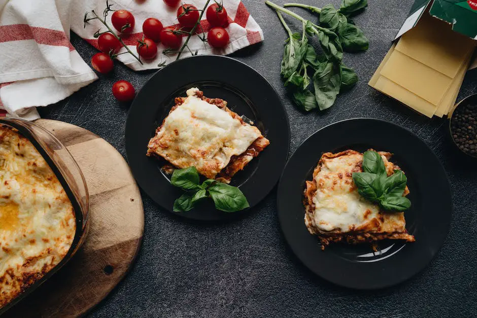 A delicious plate of Costco's Ravioli Lasagna, showcasing the layers of ravioli, cheese, and tomato sauce, surrounded by fresh Italian herbs and spices.