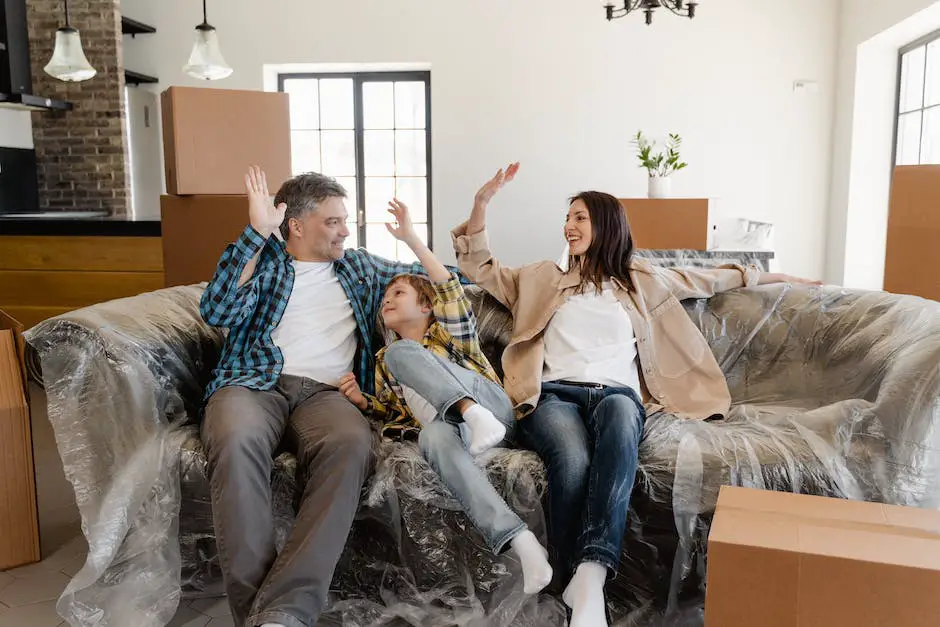 A photograph of a smiling family sitting together on a couch at home, surrounded by IKEA furniture and decor.