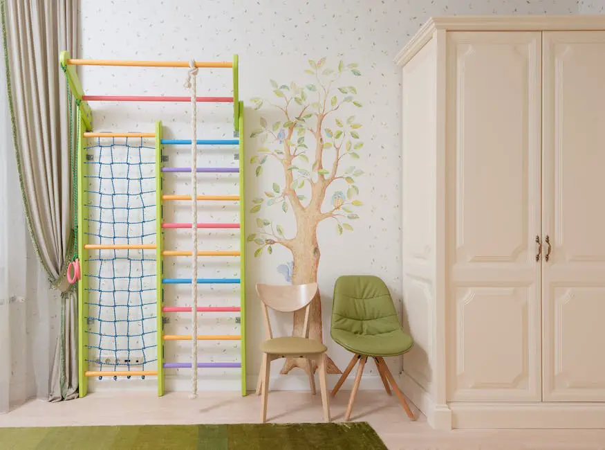 Image of a well-designed and colorful IKEA kid's room with various furniture and decorations.