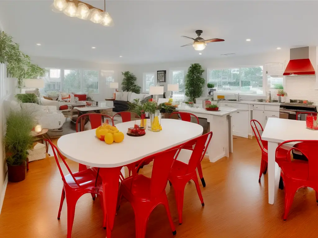 A bright, spacious, and family-friendly dining interior with red and white furniture and yellow light fixtures.