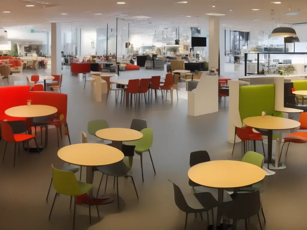 A photo of the interior of the IKEA Restaurant in Columbus, Ohio, showing a modern and spacious dining area with a bright and colorful decor.
