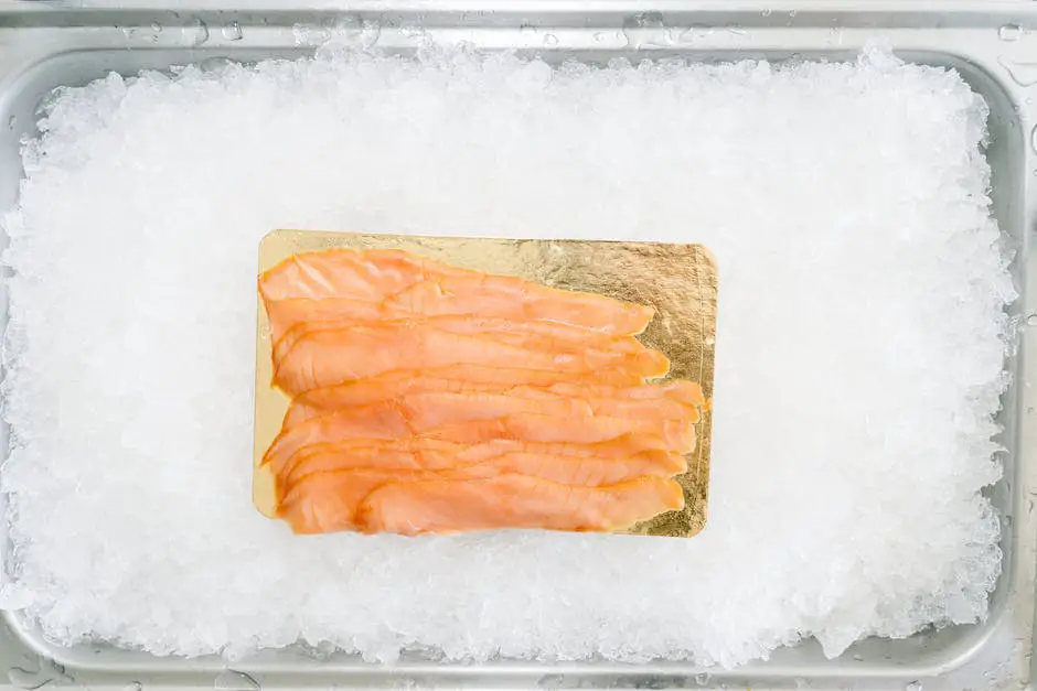A picture of smoked salmon with text about IKEA's commitment to sustainability and responsible practices in sourcing and production.