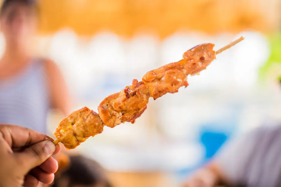 Image of Costco's Chicken Skewers, marinated, cooked, and skewered, ready to be served at a party.