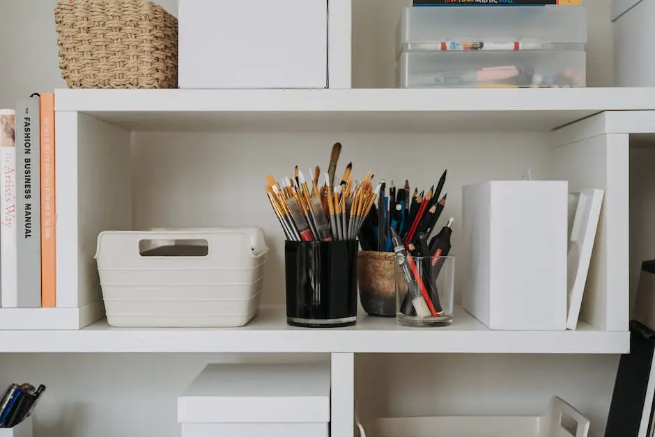 Image depicting a neat and organized craft room with various storage solutions and art supplies neatly arranged on shelves and in clear bins.