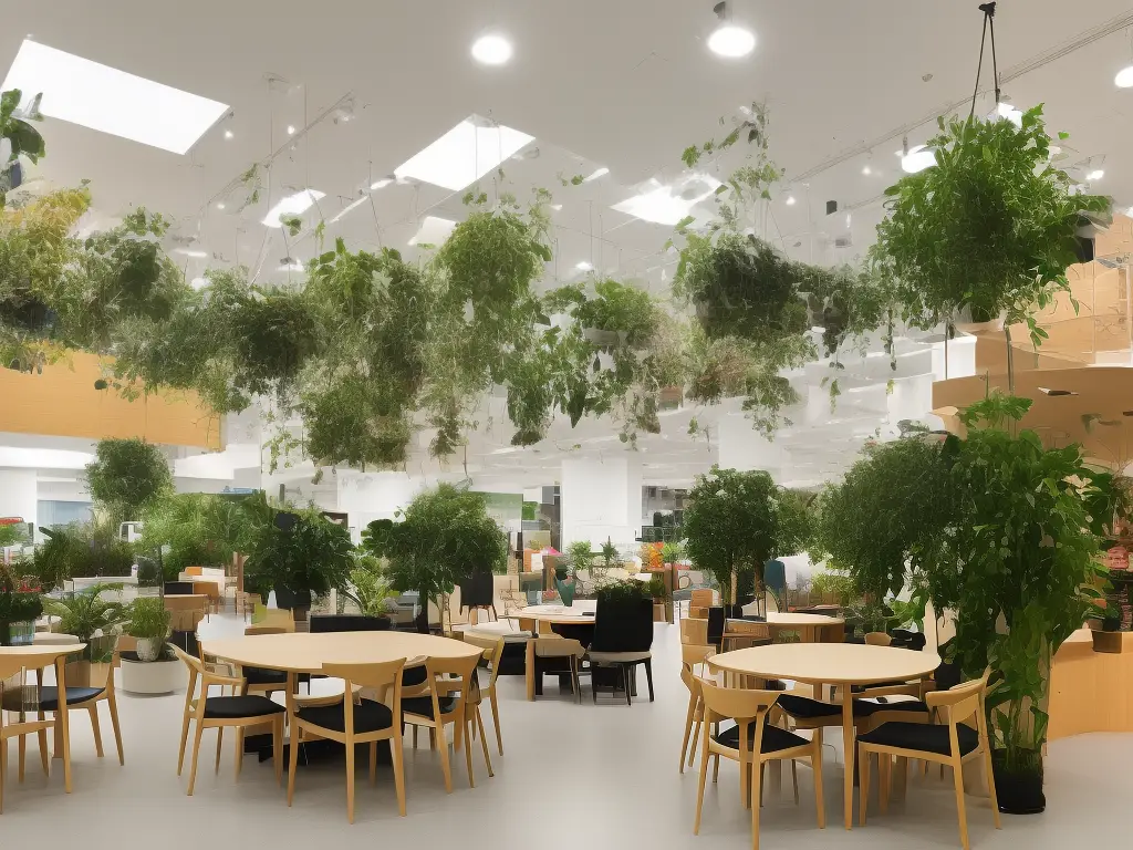 A photo of the IKEA Houston dining area, featuring tables and chairs, plants, and colorful decorations.