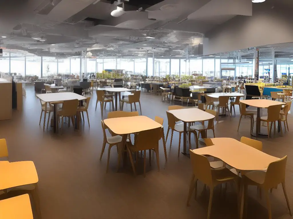 A picture of the IKEA restaurant Edmonton with tables set up for customers to enjoy their meals with a kid-friendly area on the side.