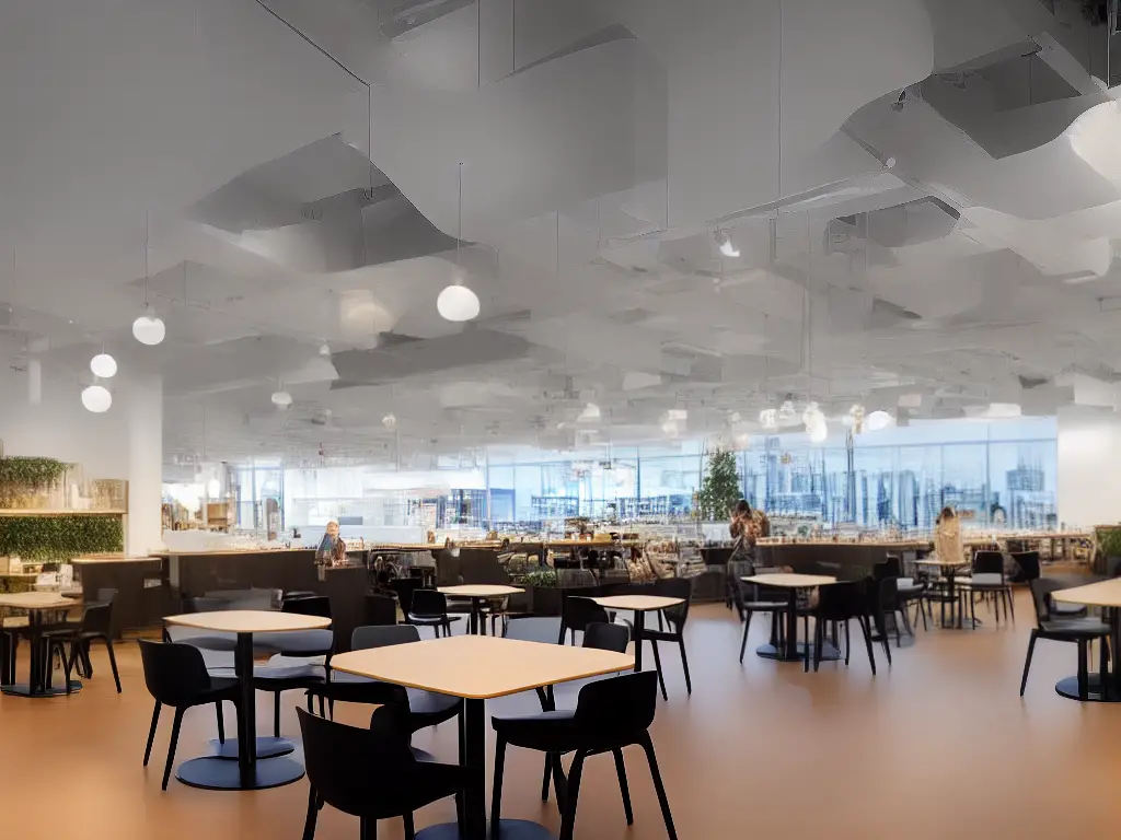 An image of the IKEA restaurant in Houston featuring Scandinavian-inspired decor, bright lighting, and seating arrangements for families.