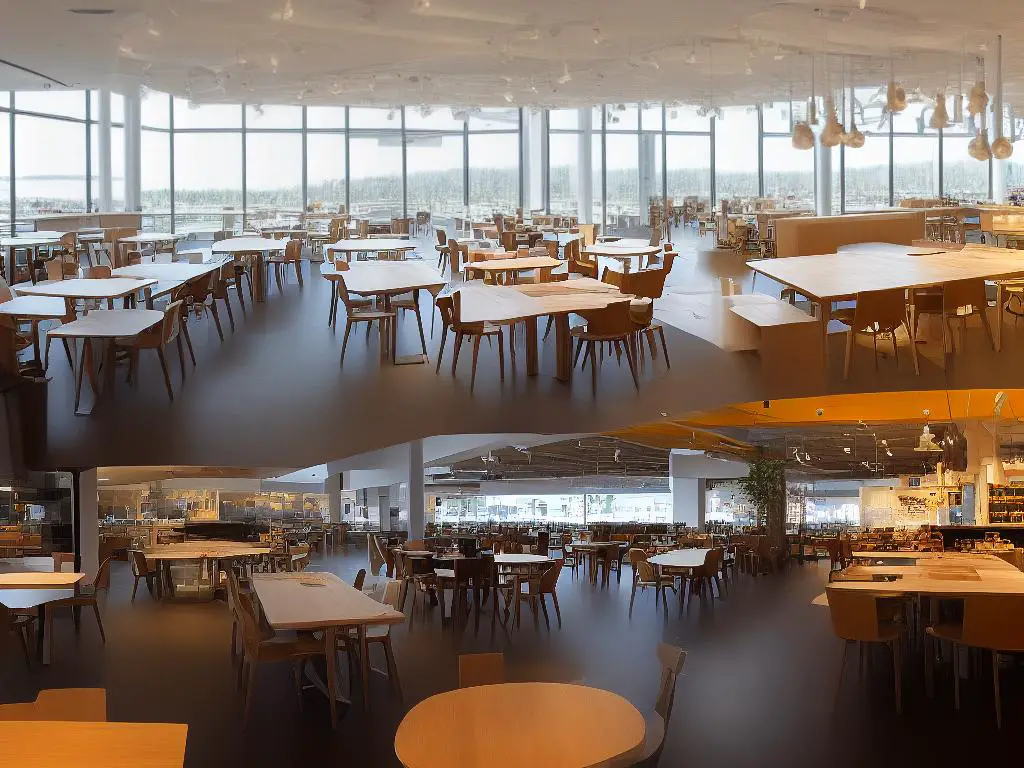 The image shows the interior of an IKEA restaurant in Richmond, Canada. The dining area is open and spacious, with large windows that let in natural light. The furniture is a mix of classic wooden pieces and modern designs, with vibrant plants adding a touch of coziness. The overall design is clean, minimalistic, and welcoming.