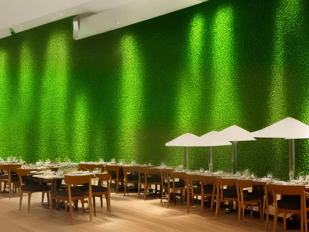 An image of a restaurant with a green wall design, showing a dining area with tables, chairs, and various plants.