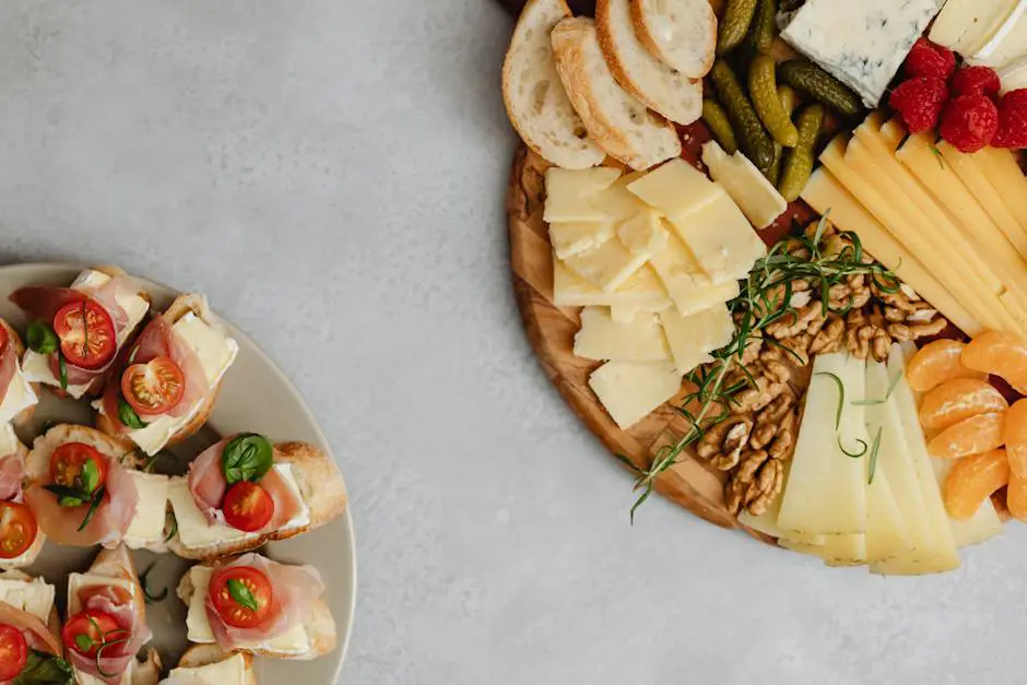 A beautifully arranged party platter with a variety of cheeses, cured meats, fruits, nuts, breads, and sweet preserves. It is visually appealing and showcases the key components discussed in the text.