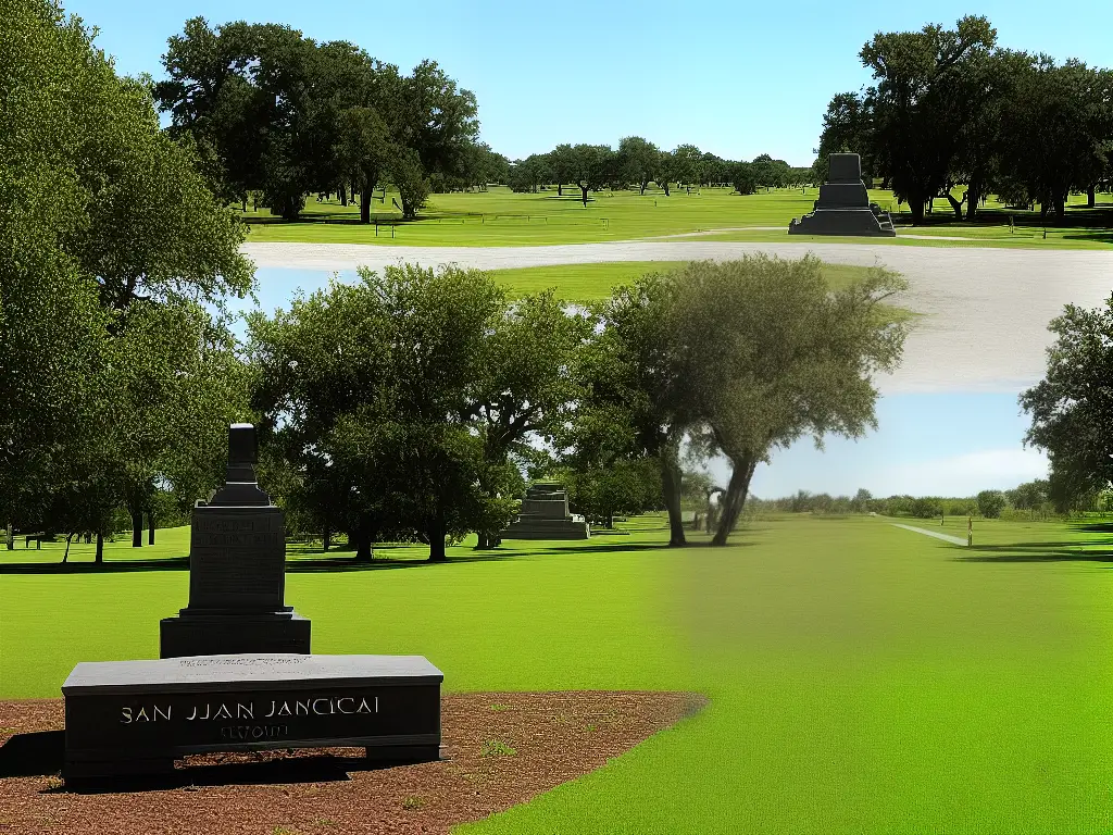 An image of the San Jacinto Battleground State Historic Site with a large monument and green fields in the foreground.