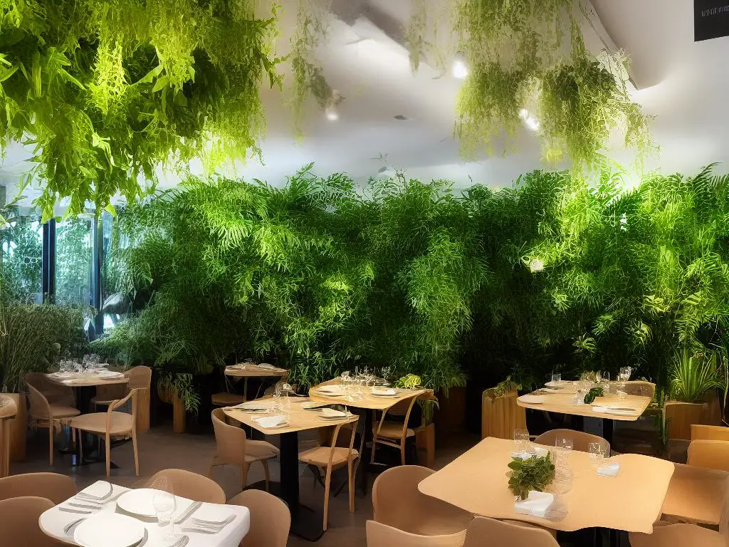 A restaurant with green plants all around and a sign which says 'Sustainable Practices'. The restaurant serves delicious food without much waste and protect the environment by sharing its surplus food with local charities. 